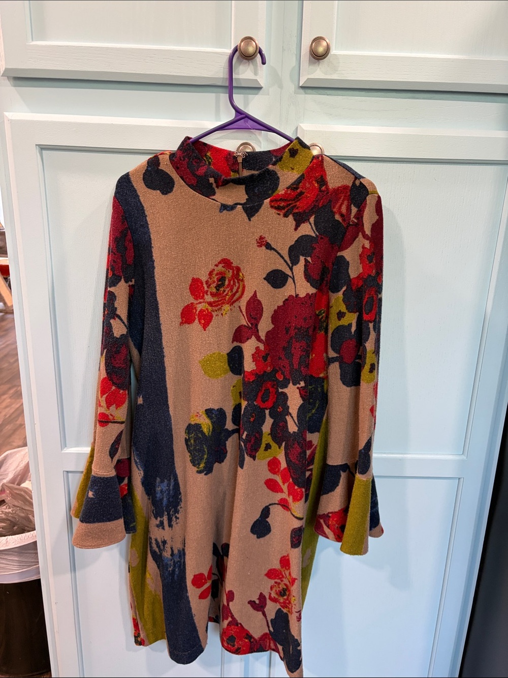 Chelsea & Theodore Tan Floral Midi Dress with Red, Navy, and Olive Accents